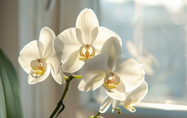 Delicate white orchids basking in warm sunlight near a window