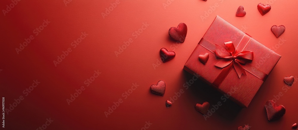 Aufkleber Valentine greeting card background featuring a gift box with festive ribbons and various hearts on a red table surface viewed from the top with ample copy space for text Valentine s Day theme