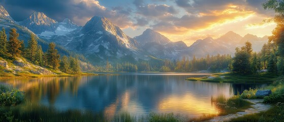 Serene Lake Reflections with Lush Green Trees and Mountains