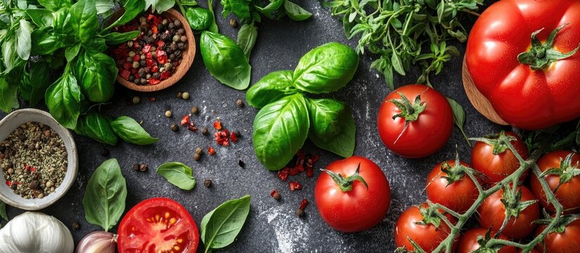Italian cuisine ingredients include garden tomatoes herbs and spices Top view with copy space Flat lay