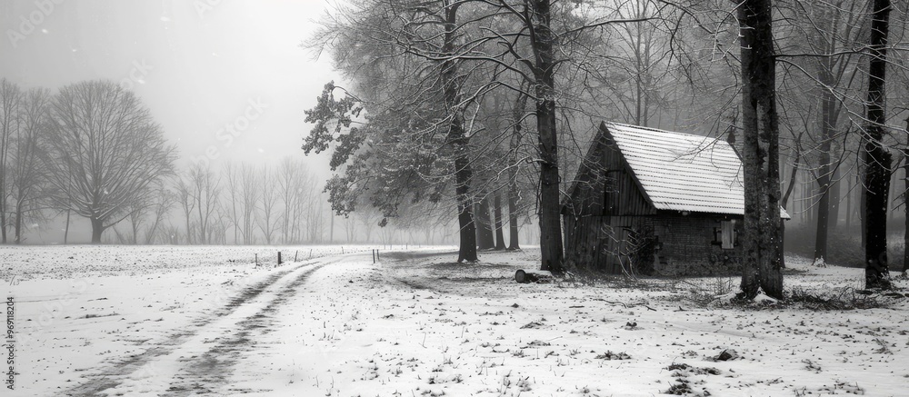 Leinwandbilder black and white winter scenery featuring trees and a forest a barren tree without leaves a house and
