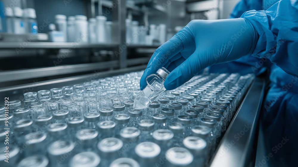 Aufkleber a close-up of vials stored in a temperature-controlled chamber, with a worker in sterile gloves care