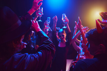 Halloween party scene at dimly lit nightclub with young people dressed in various costumes, with...