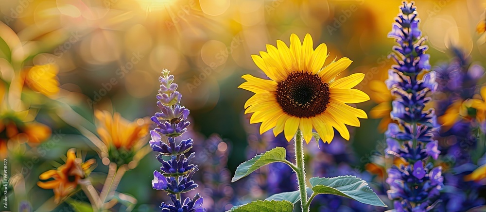Poster attractive sunflower and purple wild sage set against a white background. with copy space image. pla
