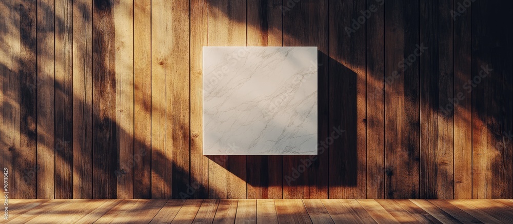 Fototapete light gray square marble sign suspended on a brown horizontal plank wall or it can be viewed as a ma