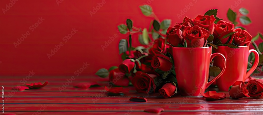 Poster valentine s day valentine backdrop two red cups and a heart a bouquet of roses is in the background 