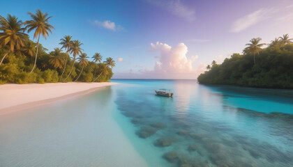 Serene Tropical Paradise Featuring Palm Trees and Calm Waters at Sunset
