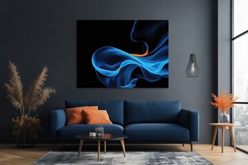 Ethereal Indigo and Orange Abstract Art on Black Canvas Modern Creative Design