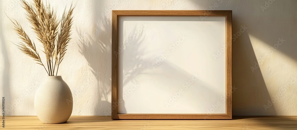 Fototapete An empty photo frame and a vase with dry decorative spikes placed on a wooden table Design mockup. with copy space image. Place for adding text or design