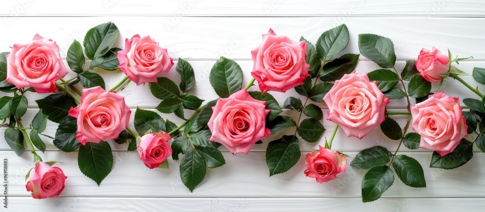 Poster Frame of rose flowers on a white background Top view with copy space Flat lay design idea