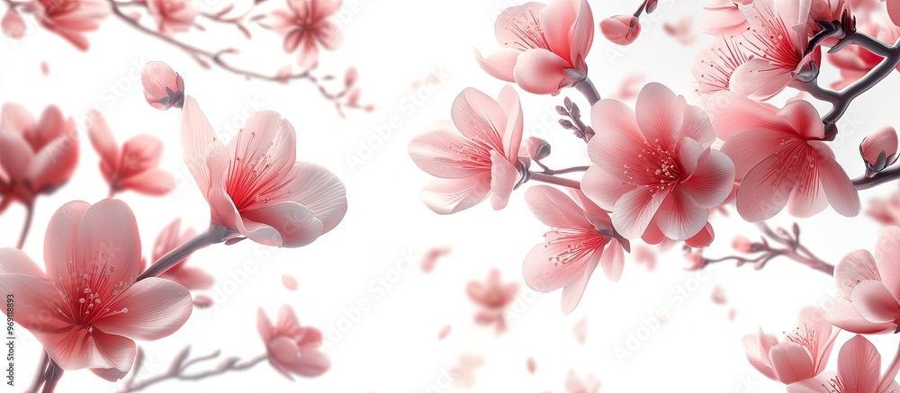 Leinwandbilder blooming flowers and leaves of a tree on a white background. with copy space image. place for adding