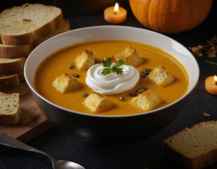 Pumpkin soup with cream and bread croutons in bowl on black background. Seasonal autumn dish on the table top view. Ai generated images