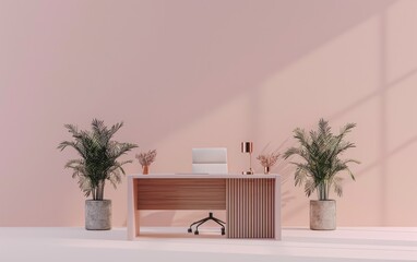 A modern workspace with soft pastels and elegant plants for inspiration