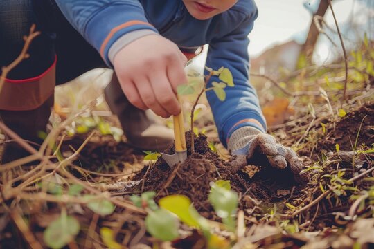 Parent's hands and his child helping to plant tree on Arbor day in springtime Little boy and his father gardening in spring
