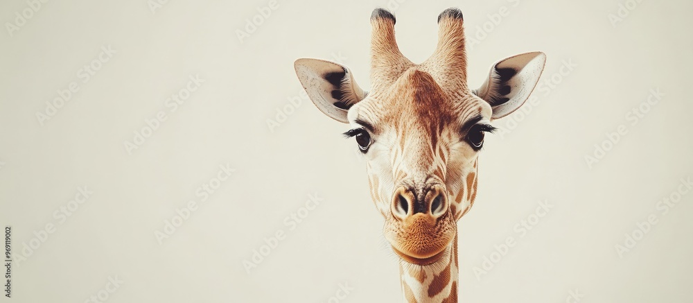 Poster Close up of a Giraffe s head looking at the camera. with copy space image. Place for adding text or design
