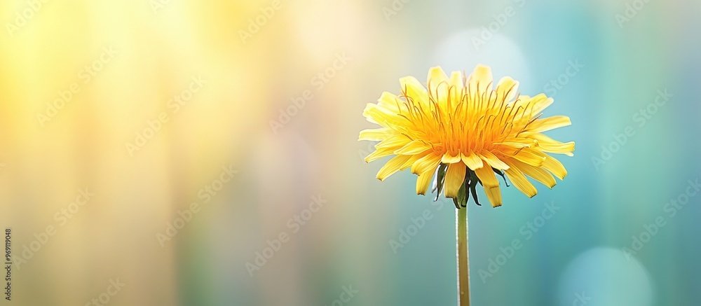 Poster A single lovely yellow dandelion flower against a softly blurred striped background. with copy space image. Place for adding text or design
