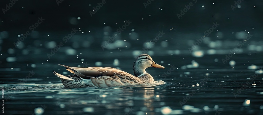Poster a duck swimming on the water. with copy space image. Place for adding text or design