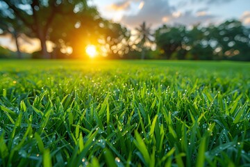 Sunny Morning Dew on Fresh Grass in a Lush Park Setting - Nature Photography for Wall Art, Posters, and Prints