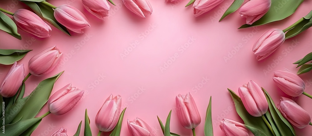 Poster pink tulips are arranged in a circle creating a frame on a pink backdrop with strong sunlight floral