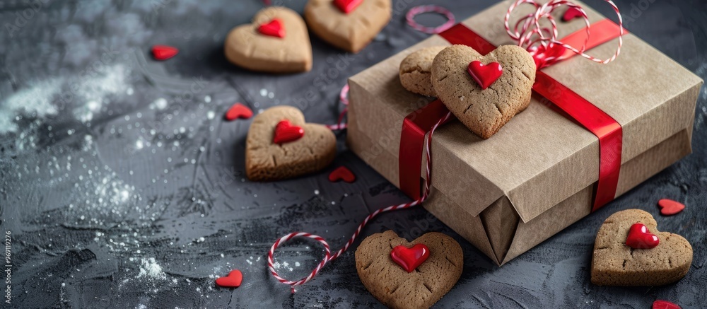 Poster gift box featuring a heart and heart shaped cookies on a gray concrete backdrop wrapped in kraft pap