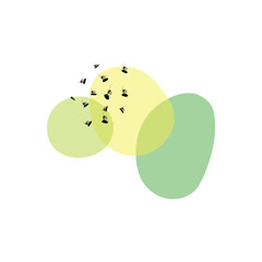 Abstract illustration with overlapping green and yellow shapes and scattered brush marks.