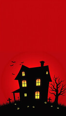 A haunted house with glowing windows in the bottom corner of a solid red background, with ample space for sale copy above