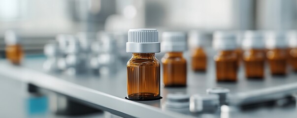 A close-up of a small amber bottle with a white cap on a pharmaceutical production line, symbolizing medicine, manufacturing, and healthcare.