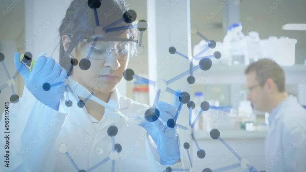 Poster animation of molecules over diverse scientists working in lab