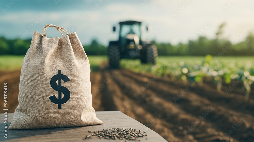 Poster a bag with a dollar sign sitting on a table, with rows of crops stretching to the horizon and a trac