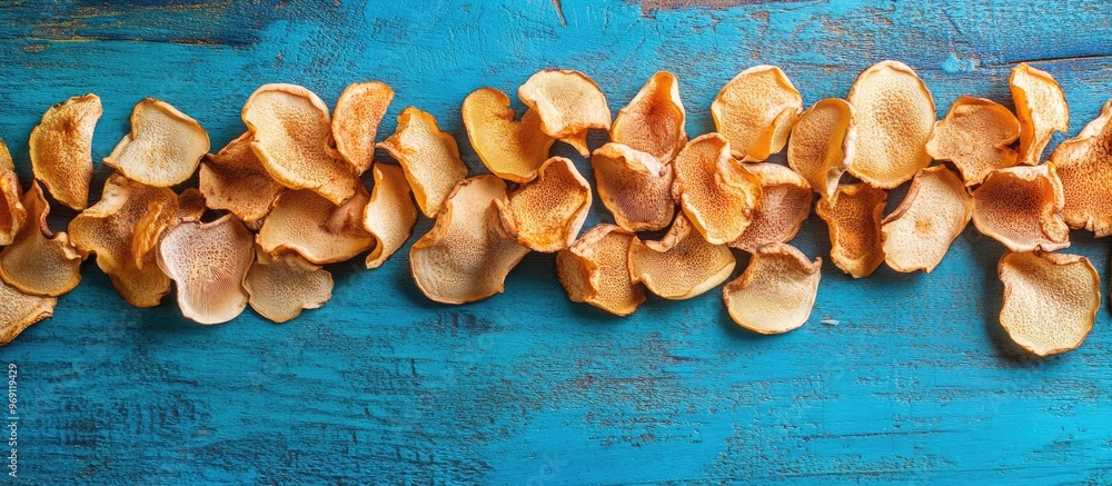 Poster dry mushroom chips arranged in a row on a blue wooden surface. with copy space image. place for addi