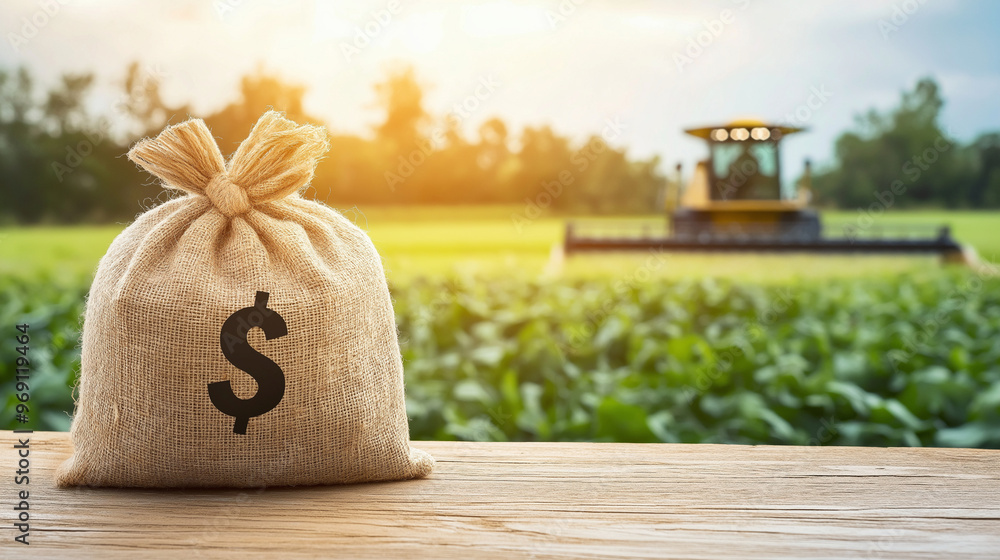 Poster a money bag with a dollar sign on a wooden table against a backdrop of a lush green field with a com