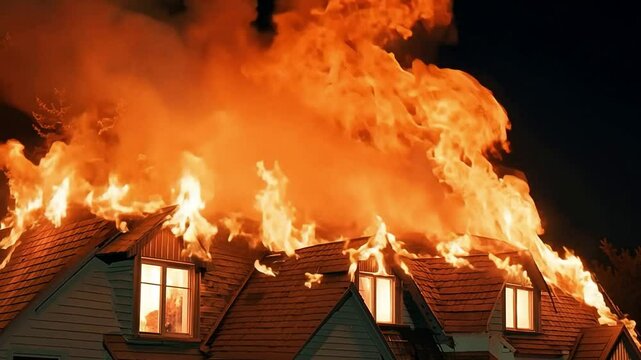 A fictional fire quickly spreads across the roof of a house.