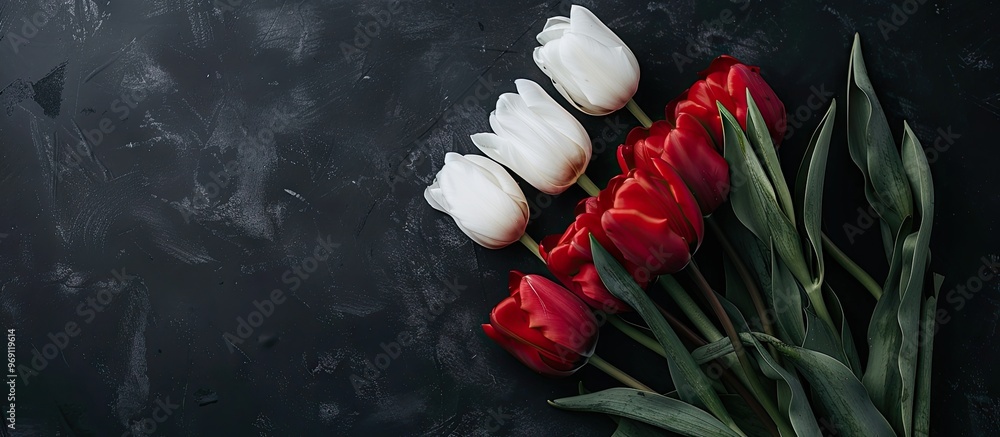 Poster Composition featuring a clipboard and white tulips on a dark background Flat lay top view Floral backdrop. with copy space image. Place for adding text or design