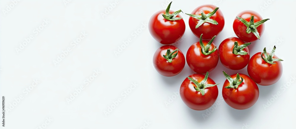Poster top view of a cluster of fresh tomatoes set against a white background. with copy space image. place