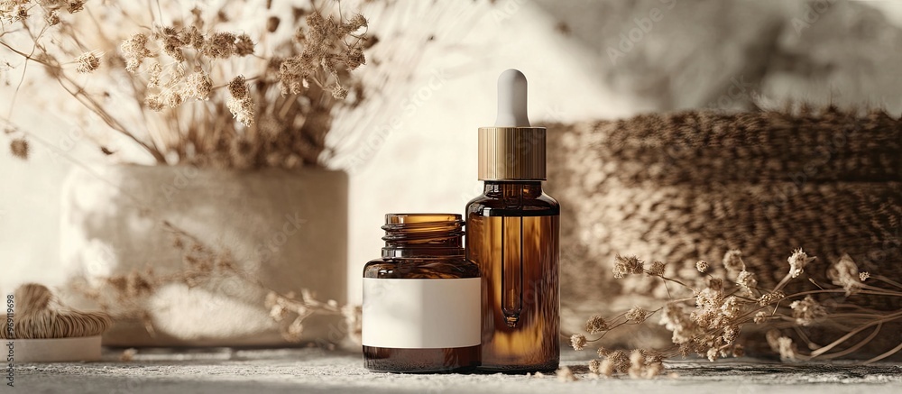 Poster Glass dropper bottles and a cream jar set against a backdrop of natural materials The idea of naturopathy or homeopathy. with copy space image. Place for adding text or design