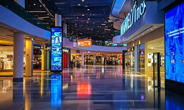 Modern shopping mall interior with bright digital displays.