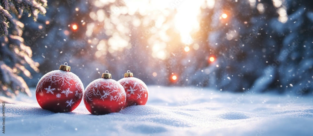 Poster Beautiful Christmas ornaments set against a snowy forest designed for a banner Space for text. with copy space image. Place for adding text or design
