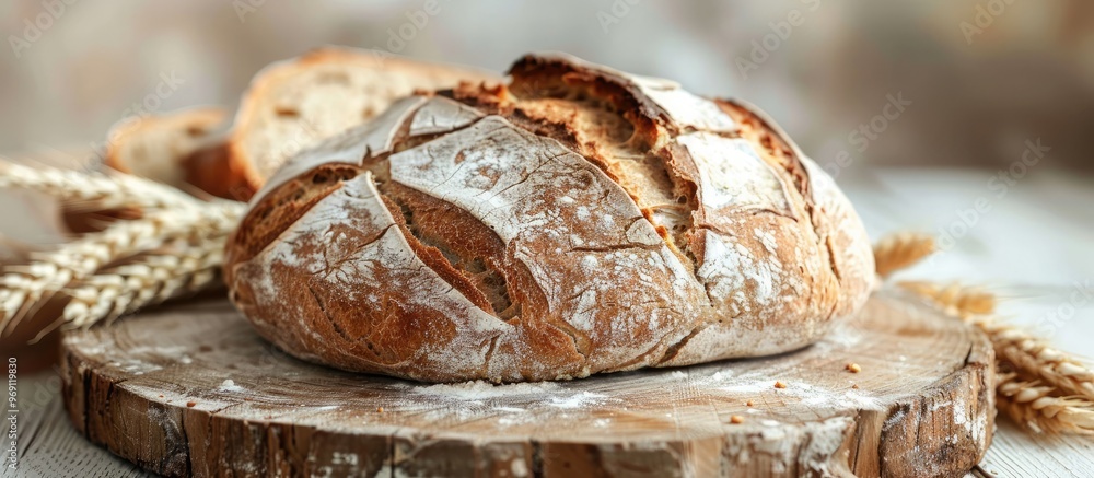 Aufkleber Rye bread on a wooden cutting board. with copy space image. Place for adding text or design