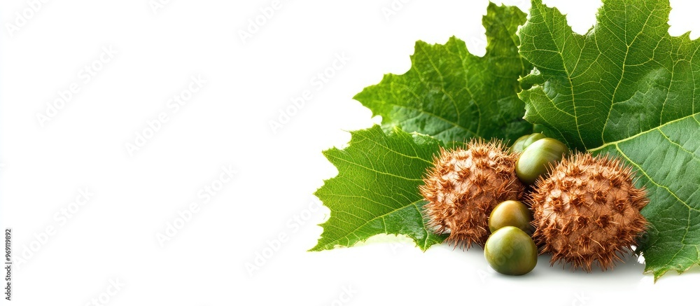 Poster chestnuts and curly leaves in green isolated on a white background. with copy space image. place for