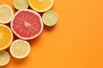 Tropical fruits on color background. Summer concept. Flat lay, top view, copy space