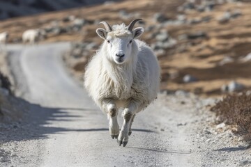 Fototapeta premium A White Goat Leaping on a Mountain Path