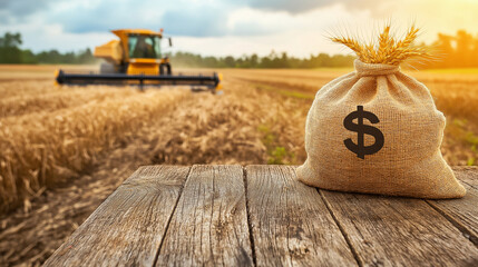 A sturdy wooden table with a money bag displaying a dollar sign, overlooking a combine working in a field of wheat, representing loans for purchasing and developing agricultural la