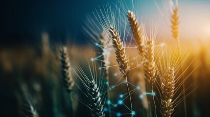 Fototapeta premium A close-up of golden wheat stalks glowing under the morning sun, with a subtle overlay of digital graphics representing the detection of viral and bacterial threats in the crops.