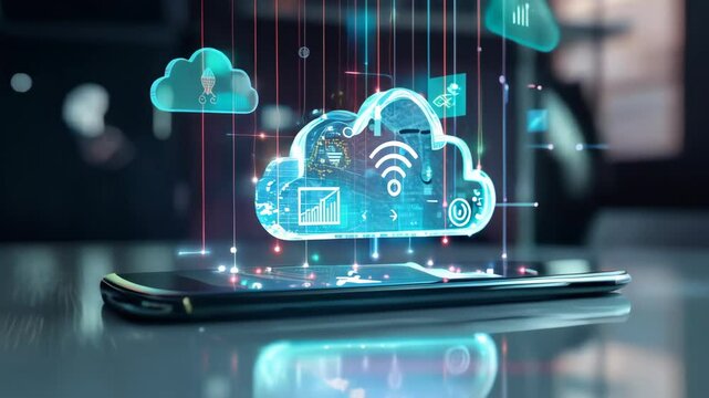 Cloud technology and smartphone with digital glowing icons, gentle camera rotation