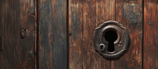 Fototapeta premium Antique wooden door featuring an old keyhole with a key. with copy space image. Place for adding text or design