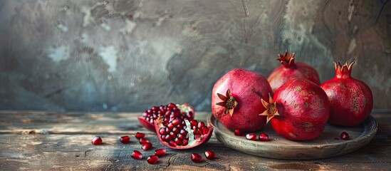 Four ripe pomegranates on a rustic wooden table. with copy space image. Place for adding text or design