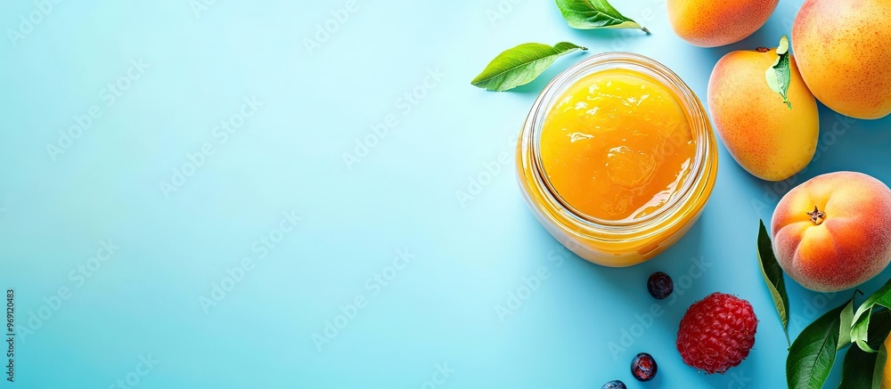 Poster nutritious breakfast apricot jam in a jar next to fresh fruits on a blue background top view with co