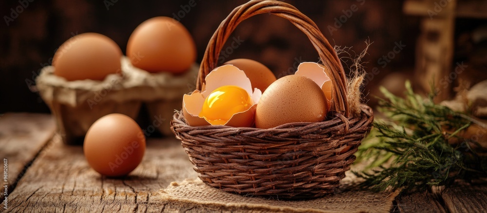 Fototapete Brown eggs in a basket a broken egg with yolk and a feather on a dark rustic table background Top view. with copy space image. Place for adding text or design