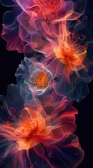 Obraz premium wallpaper with transparent red abstract flowers on a black background
