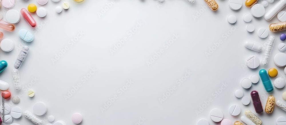 Poster medicine concept a frame of pills with copyspace for writing in the center on a white table